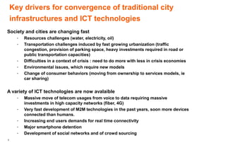 Key drivers for convergence of traditional city
    infrastructures and ICT technologies
Society and cities are changing fast
      -   Resources challenges (water, electricity, oil)
      -   Transportation challenges induced by fast growing urbanization (traffic
          congestion, provision of parking space, heavy investments required in road or
          public transportation capacities)
      -   Difficulties in a context of crisis : need to do more with less in crisis economies
      -   Environmental issues, which require new models
      -   Change of consumer behaviors (moving from ownership to services models, ie
          car sharing)


A variety of ICT technologies are now avalaible
      -   Massive move of telecom usages from voice to data requiring massive
          investments in high capacity networks (fiber, 4G)
      -   Very fast development of M2M technologies in the past years, soon more devices
          connected than humans.
      -   Increasing end users demands for real time connectivity
      -   Major smartphone detention
      -   Development of social networks and of crowd sourcing
3
 