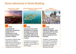 Some references in Smart Building
        Saudi Arabia – Riyadh       United Development Company (UDC)              Solidiere
          Financial District                  The Pearl Qatar               Beirut new downtown




                                            Pearl Qatar

                                               Picture




    supporting the                   working for the United            collaborating with
    Investment company to            Development Company               Solidere to design, build
    design the ICT                   to design and build the           and operate ICT services
    infrastructure of its            ICT infrastructure of its         of the new downtown
    future financial district        prestigious 400 hectare           Beirut, spread over 191
    located in Riyadh.               made man island located           hectares.
                                     in Doha.
    the project is offering state                                      “Solidere” is offering state
    of the art ICT platform,         “The Pearl” providing new         of the art IPTV services to
    data-center and services in      life-style to its residents       its residents, this service
    order to address specific IT     through a cutting edge ITC        being fully managed and
    needs of the financial           technologies.                     operated by Orange
8   companies and institutions.                                        Business Services.
 