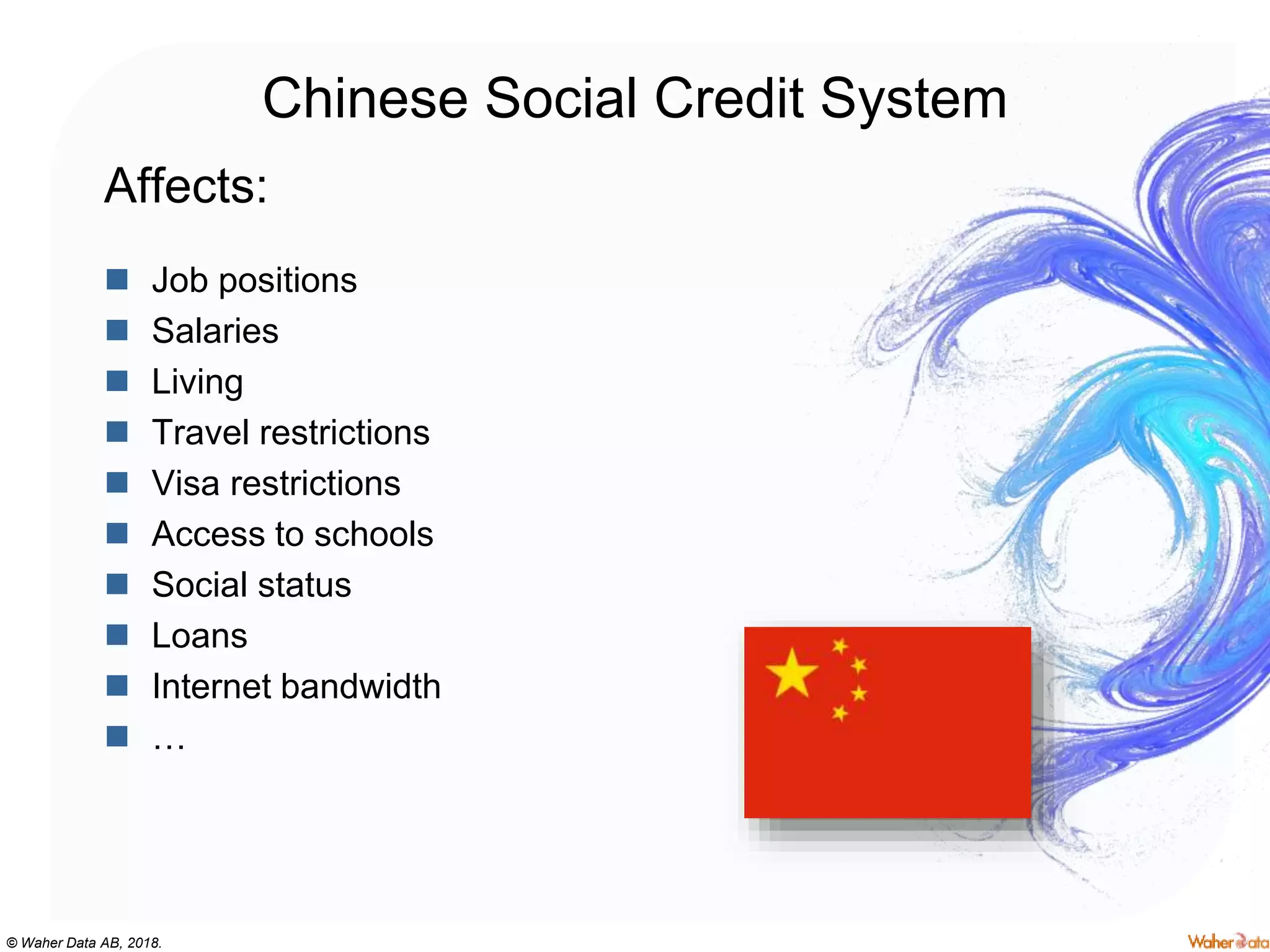 © Waher Data AB, 2018.
Chinese Social Credit System
Affects:
 Job positions
 Salaries
 Living
 Travel restrictions
 Visa restrictions
 Access to schools
 Social status
 Loans
 Internet bandwidth
 …
 