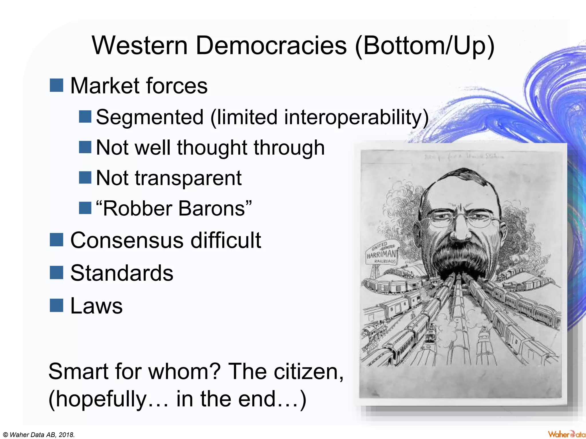 © Waher Data AB, 2018.
Western Democracies (Bottom/Up)
 Market forces
Segmented (limited interoperability)
Not well thought through
Not transparent
“Robber Barons”
 Consensus difficult
 Standards
 Laws
Smart for whom? The citizen,
(hopefully… in the end…)
 