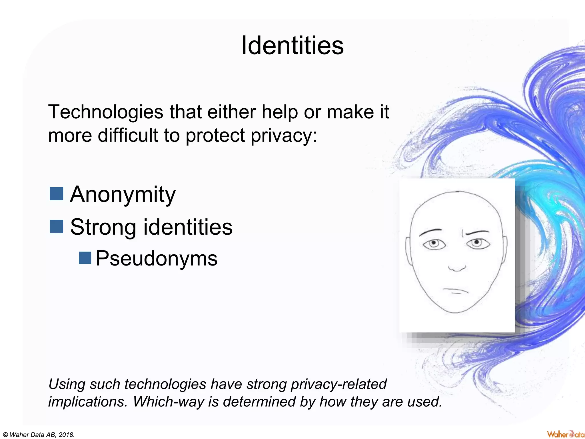 © Waher Data AB, 2018.
Identities
Technologies that either help or make it
more difficult to protect privacy:
 Anonymity
 Strong identities
Pseudonyms
Using such technologies have strong privacy-related
implications. Which-way is determined by how they are used.
 