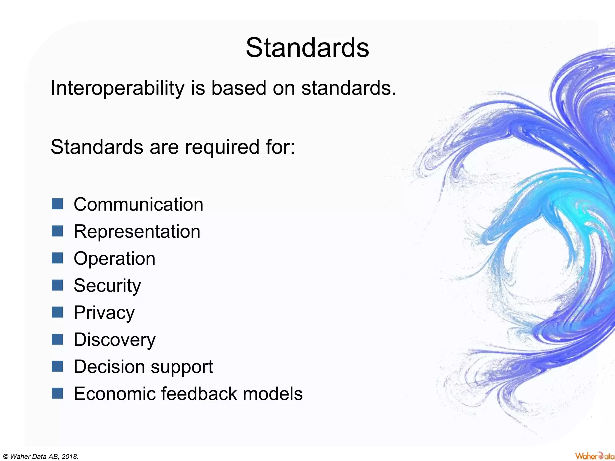 © Waher Data AB, 2018.
Standards
Interoperability is based on standards.
Standards are required for:
 Communication
 Representation
 Operation
 Security
 Privacy
 Discovery
 Decision support
 Economic feedback models
 