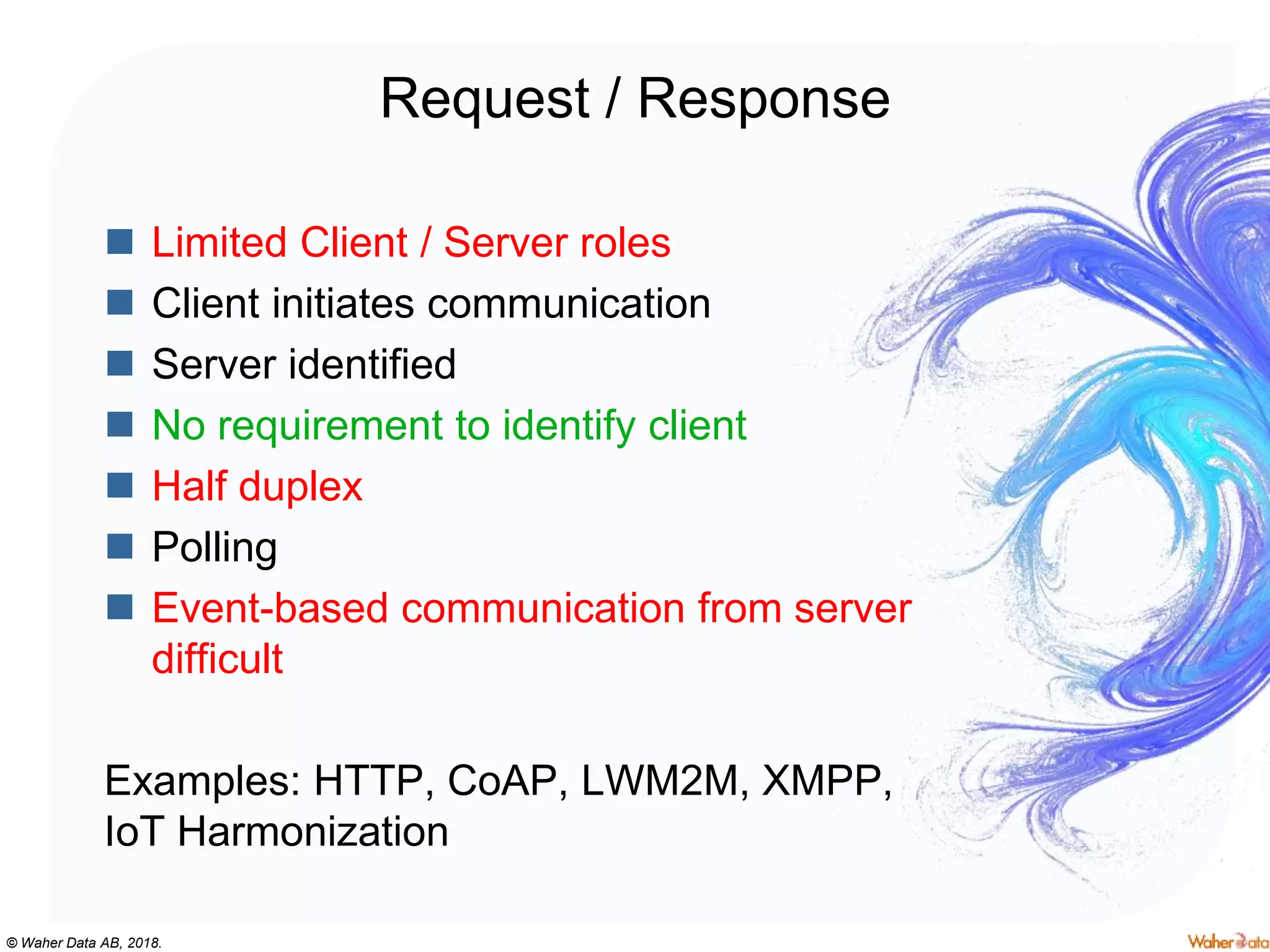 © Waher Data AB, 2018.
Request / Response
 Limited Client / Server roles
 Client initiates communication
 Server identified
 No requirement to identify client
 Half duplex
 Polling
 Event-based communication from server
difficult
Examples: HTTP, CoAP, LWM2M, XMPP,
IoT Harmonization
 
