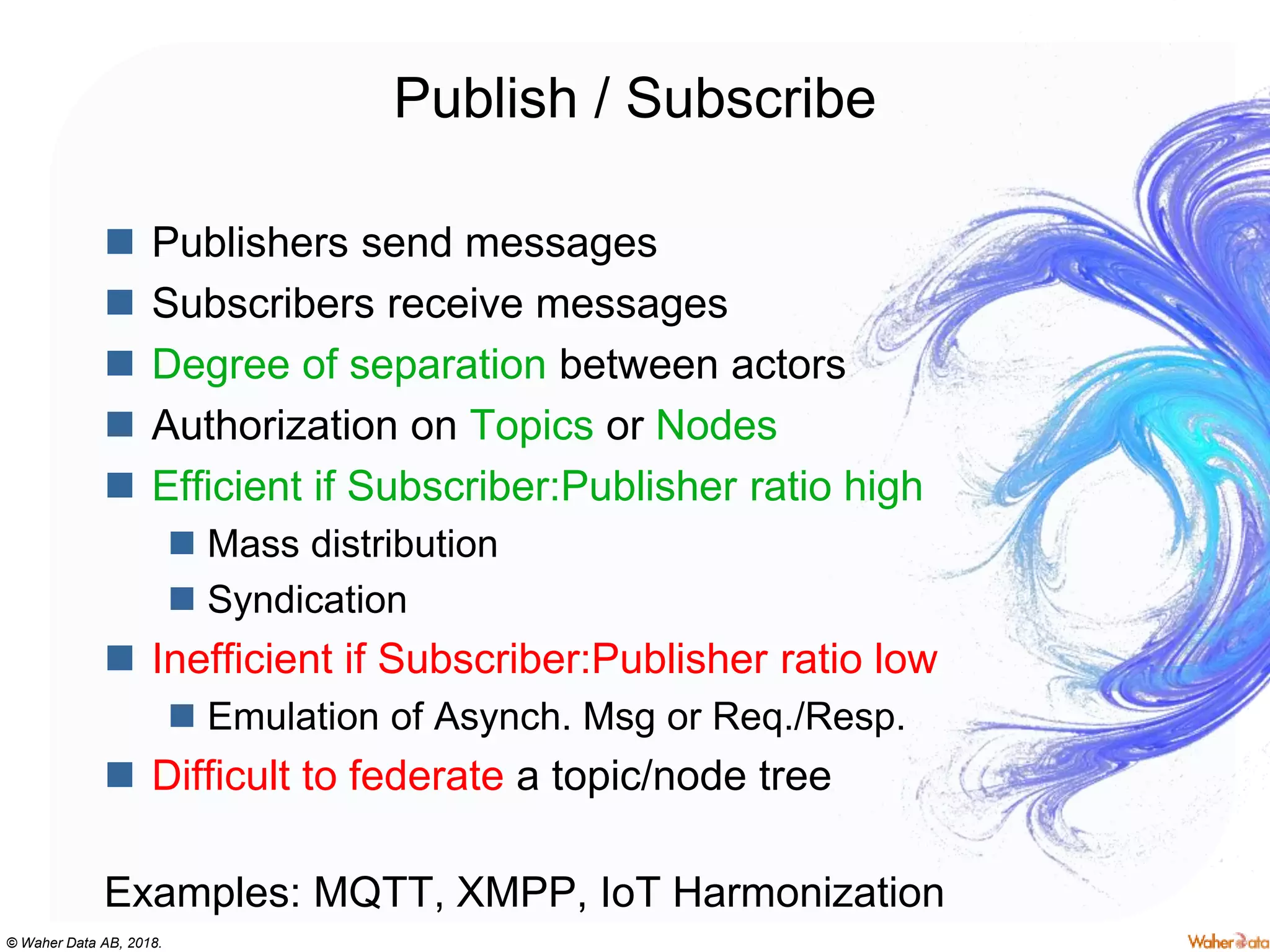 © Waher Data AB, 2018.
Publish / Subscribe
 Publishers send messages
 Subscribers receive messages
 Degree of separation between actors
 Authorization on Topics or Nodes
 Efficient if Subscriber:Publisher ratio high
 Mass distribution
 Syndication
 Inefficient if Subscriber:Publisher ratio low
 Emulation of Asynch. Msg or Req./Resp.
 Difficult to federate a topic/node tree
Examples: MQTT, XMPP, IoT Harmonization
 