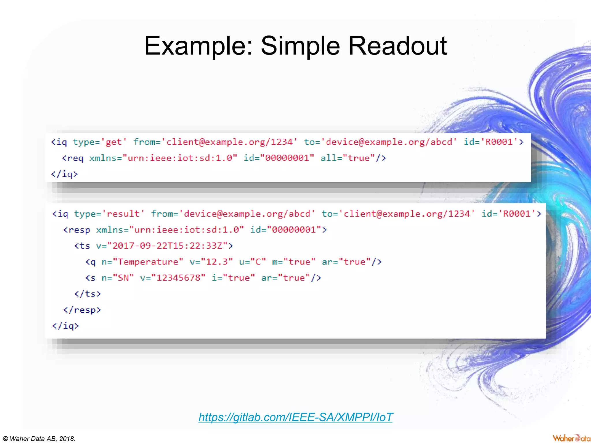 © Waher Data AB, 2018.
Example: Simple Readout
https://gitlab.com/IEEE-SA/XMPPI/IoT
 