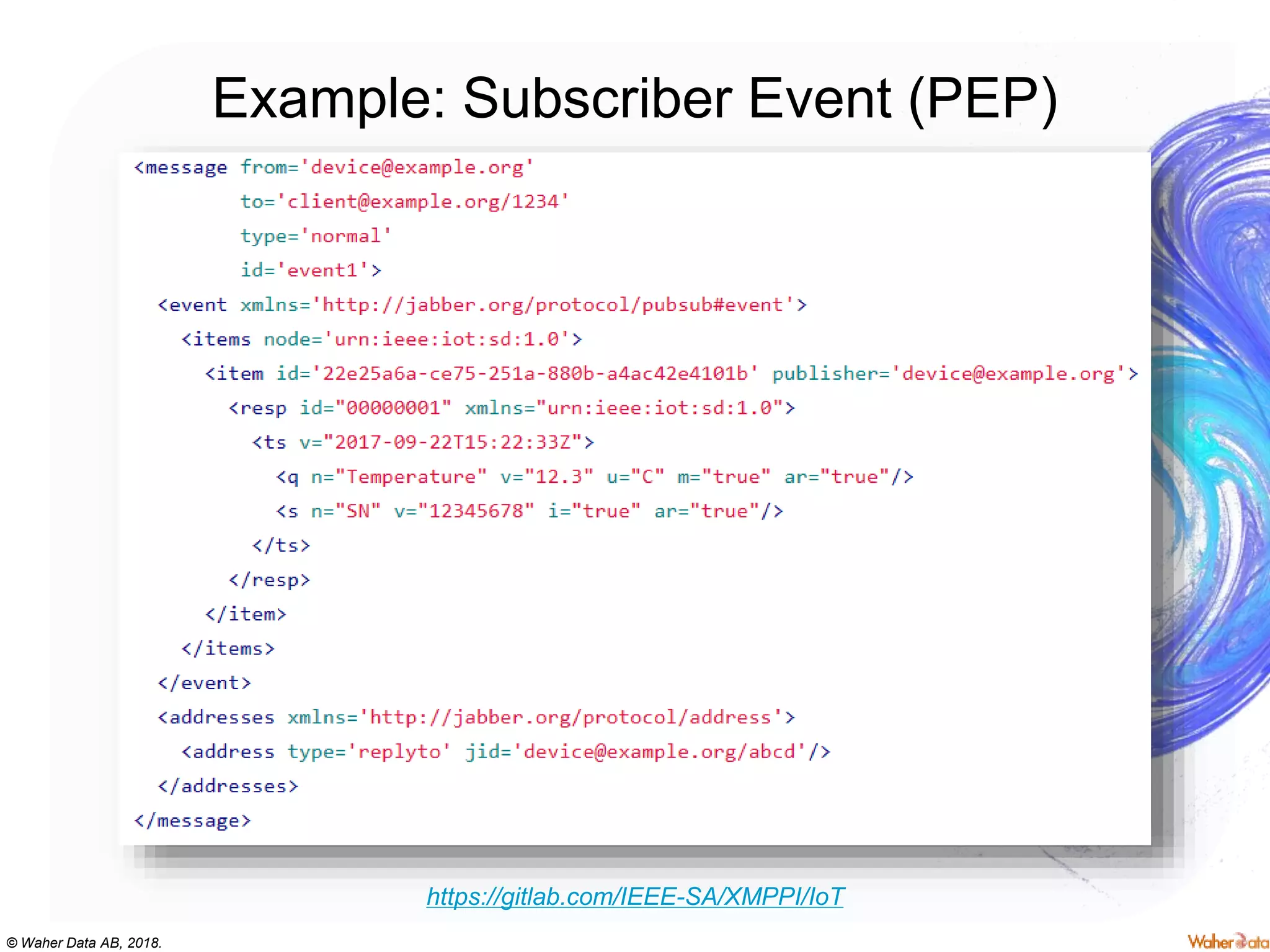 © Waher Data AB, 2018.
Example: Subscriber Event (PEP)
https://gitlab.com/IEEE-SA/XMPPI/IoT
 