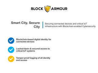 Smart City, Secure
City
Securing connected devices and critical IoT
infrastructure with Blockchain-enabled Cybersecurity
Blockchain-based digital identity for
connected devices
Tamper-proof logging of all identity
and access
Locked-down & secured access to
critical IoT systems
 