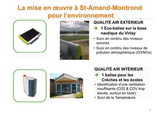 6
La mise en œuvre à St-Amand-Montrond
pour l’environnement
QUALITÉ AIR EXTERIEUR
"  1 Eco-balise sur la base
nautique du Virlay
!  Suivi en continu des niveaux
sonores
!  Suivi en continu des niveaux de
pollution atmosphérique (O3/NOx)
QUALITÉ AIR INTÉRIEUR
"  1 balise pour les
Crèches et les écoles
!  Identification d’une ventilation
insuffisante (CO2 & COV trop
élevés, surtout en hiver)
!  Suivi de la Température
 