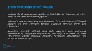 VesLabs olarak daha yaşanır şehirler ve topluluklar için insanları, süreçleri,
veriyi ve nesneleri birbirine bağlıyoruz…
VesLabs’ın ana uzmanlık alanı olan Nesnelerin Interneti (Internet of Things)
kavramı ise akıllı şehirlerin temelini oluşturan teknoloji olarak öne
çıkmaktadır.
Nesnelerin Interneti şehirleri daha akıllı yaparken, yerel ekonomiyi
desteklemekte, maliyetleri düşürmekte, verimliliği arttırmakta ve yerel
yönetimlerin altında insanlara dokunan, hayatlarını kolaylaştıran yeni
hizmetler yaratmaktadır.
 