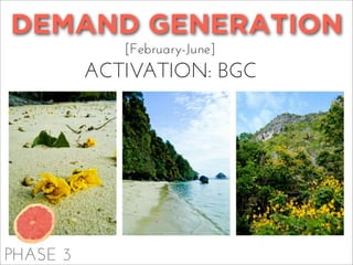 PHASE 3
DEMAND GENERATION
[February-June]
ACTIVATION: BGC
 