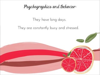 Psychographics and Behavior:
They have long days.
They are constantly busy and stressed.
 