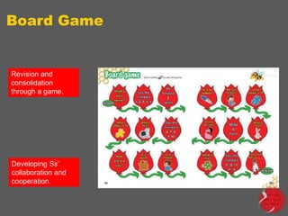 Board Game

Revision and
consolidation
through a game.

Developing Ss‟
collaboration and
cooperation.

 