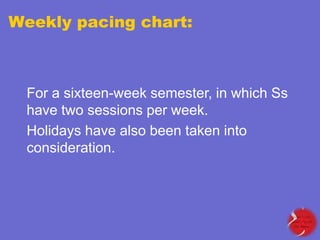 Weekly pacing chart:

For a sixteen-week semester, in which Ss
have two sessions per week.
Holidays have also been taken into
consideration.

 