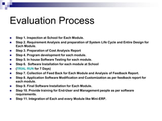 Evaluation ProcessStep 1. Inspection at School for Each Module.Step 2. Requirement Analysis and preparation of System Life Cycle and Entire Design for Each Module.Step 3. Preparation of Cost Analysis ReportStep 4. Program development for each module.Step 5. In house Software Testing for each module.Step 6.  Software Installation for each module at School(TRIAL RUN for 7 Days)Step 7. Collection of Feed Back for Each Module and Analysis of Feedback Report.Step 8. Application Software Modification and Customization as per feedback report for each module.Step 9. Final Software Installation for Each Module.Step 10. Provide training for End-User and Management people as per software requirements.Step 11. Integration of Each and every Module like Mini-ERP.