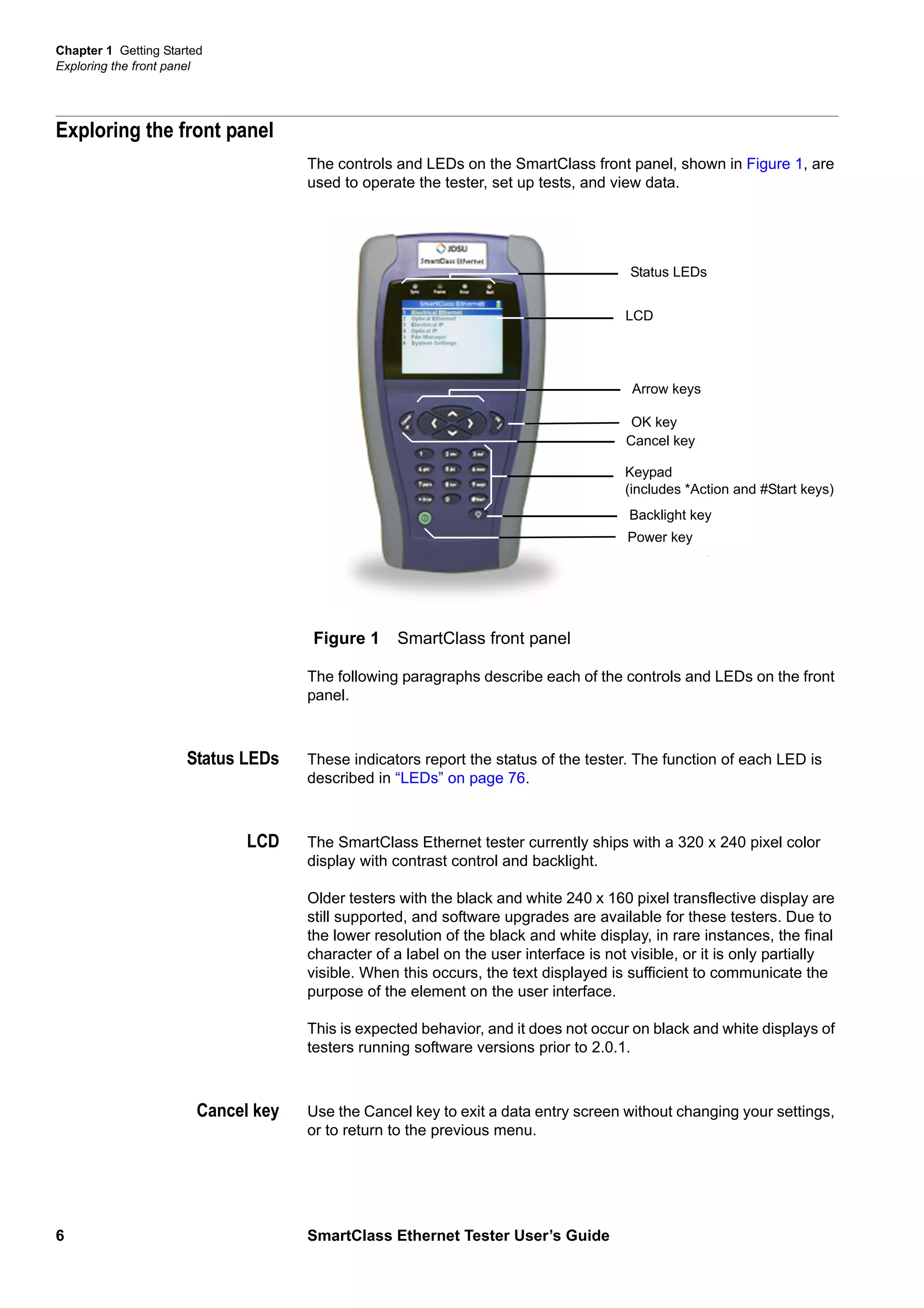 Chapter 1 Getting Started
Exploring the front panel
6 SmartClass Ethernet Tester User’s Guide
Exploring the front panel
The controls and LEDs on the SmartClass front panel, shown in Figure 1, are
used to operate the tester, set up tests, and view data.
The following paragraphs describe each of the controls and LEDs on the front
panel.
Status LEDs These indicators report the status of the tester. The function of each LED is
described in “LEDs” on page 76.
LCD The SmartClass Ethernet tester currently ships with a 320 x 240 pixel color
display with contrast control and backlight.
Older testers with the black and white 240 x 160 pixel transflective display are
still supported, and software upgrades are available for these testers. Due to
the lower resolution of the black and white display, in rare instances, the final
character of a label on the user interface is not visible, or it is only partially
visible. When this occurs, the text displayed is sufficient to communicate the
purpose of the element on the user interface.
This is expected behavior, and it does not occur on black and white displays of
testers running software versions prior to 2.0.1.
Cancel key Use the Cancel key to exit a data entry screen without changing your settings,
or to return to the previous menu.
Figure 1 SmartClass front panel
LCD
Status LEDs
Arrow keys
Keypad
(includes *Action and #Start keys)
OK key
Cancel key
Backlight key
Power key
 