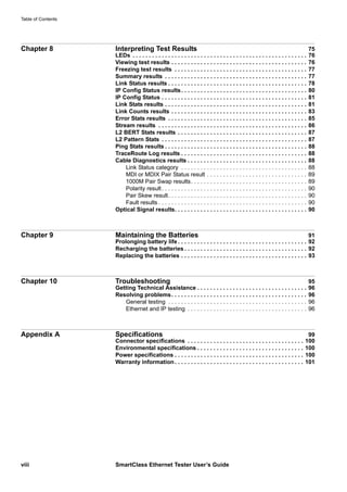 Table of Contents
viii SmartClass Ethernet Tester User’s Guide
Chapter 8 Interpreting Test Results 75
LEDs . . . . . . . . . . . . . . . . . . . . . . . . . . . . . . . . . . . . . . . . . . . . . . . . . . . . . . 76
Viewing test results . . . . . . . . . . . . . . . . . . . . . . . . . . . . . . . . . . . . . . . . . . 76
Freezing test results . . . . . . . . . . . . . . . . . . . . . . . . . . . . . . . . . . . . . . . . . 77
Summary results . . . . . . . . . . . . . . . . . . . . . . . . . . . . . . . . . . . . . . . . . . . . 77
Link Status results . . . . . . . . . . . . . . . . . . . . . . . . . . . . . . . . . . . . . . . . . . . 78
IP Config Status results. . . . . . . . . . . . . . . . . . . . . . . . . . . . . . . . . . . . . . . 80
IP Config Status . . . . . . . . . . . . . . . . . . . . . . . . . . . . . . . . . . . . . . . . . . . . . 81
Link Stats results . . . . . . . . . . . . . . . . . . . . . . . . . . . . . . . . . . . . . . . . . . . . 81
Link Counts results . . . . . . . . . . . . . . . . . . . . . . . . . . . . . . . . . . . . . . . . . . 83
Error Stats results . . . . . . . . . . . . . . . . . . . . . . . . . . . . . . . . . . . . . . . . . . . 85
Stream results . . . . . . . . . . . . . . . . . . . . . . . . . . . . . . . . . . . . . . . . . . . . . . 86
L2 BERT Stats results . . . . . . . . . . . . . . . . . . . . . . . . . . . . . . . . . . . . . . . . 87
L2 Pattern Stats . . . . . . . . . . . . . . . . . . . . . . . . . . . . . . . . . . . . . . . . . . . . . 87
Ping Stats results . . . . . . . . . . . . . . . . . . . . . . . . . . . . . . . . . . . . . . . . . . . . 88
TraceRoute Log results . . . . . . . . . . . . . . . . . . . . . . . . . . . . . . . . . . . . . . . 88
Cable Diagnostics results . . . . . . . . . . . . . . . . . . . . . . . . . . . . . . . . . . . . . 88
Link Status category . . . . . . . . . . . . . . . . . . . . . . . . . . . . . . . . . . . . . . . 88
MDI or MDIX Pair Status result . . . . . . . . . . . . . . . . . . . . . . . . . . . . . . . 89
1000M Pair Swap results. . . . . . . . . . . . . . . . . . . . . . . . . . . . . . . . . . . . 89
Polarity result. . . . . . . . . . . . . . . . . . . . . . . . . . . . . . . . . . . . . . . . . . . . . 90
Pair Skew result. . . . . . . . . . . . . . . . . . . . . . . . . . . . . . . . . . . . . . . . . . . 90
Fault results . . . . . . . . . . . . . . . . . . . . . . . . . . . . . . . . . . . . . . . . . . . . . . 90
Optical Signal results. . . . . . . . . . . . . . . . . . . . . . . . . . . . . . . . . . . . . . . . . 90
Chapter 9 Maintaining the Batteries 91
Prolonging battery life . . . . . . . . . . . . . . . . . . . . . . . . . . . . . . . . . . . . . . . . 92
Recharging the batteries . . . . . . . . . . . . . . . . . . . . . . . . . . . . . . . . . . . . . . 92
Replacing the batteries . . . . . . . . . . . . . . . . . . . . . . . . . . . . . . . . . . . . . . . 93
Chapter 10 Troubleshooting 95
Getting Technical Assistance . . . . . . . . . . . . . . . . . . . . . . . . . . . . . . . . . . 96
Resolving problems. . . . . . . . . . . . . . . . . . . . . . . . . . . . . . . . . . . . . . . . . . 96
General testing . . . . . . . . . . . . . . . . . . . . . . . . . . . . . . . . . . . . . . . . . . . 96
Ethernet and IP testing . . . . . . . . . . . . . . . . . . . . . . . . . . . . . . . . . . . . . 96
Appendix A Specifications 99
Connector specifications . . . . . . . . . . . . . . . . . . . . . . . . . . . . . . . . . . . . 100
Environmental specifications . . . . . . . . . . . . . . . . . . . . . . . . . . . . . . . . . 100
Power specifications . . . . . . . . . . . . . . . . . . . . . . . . . . . . . . . . . . . . . . . . 100
Warranty information. . . . . . . . . . . . . . . . . . . . . . . . . . . . . . . . . . . . . . . . 101
 