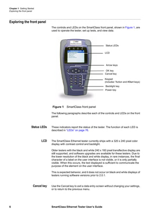 Chapter 1 Getting Started
Exploring the front panel
6 SmartClass Ethernet Tester User’s Guide
Exploring the front panel
The controls and LEDs on the SmartClass front panel, shown in Figure 1, are
used to operate the tester, set up tests, and view data.
The following paragraphs describe each of the controls and LEDs on the front
panel.
Status LEDs These indicators report the status of the tester. The function of each LED is
described in “LEDs” on page 76.
LCD The SmartClass Ethernet tester currently ships with a 320 x 240 pixel color
display with contrast control and backlight.
Older testers with the black and white 240 x 160 pixel transflective display are
still supported, and software upgrades are available for these testers. Due to
the lower resolution of the black and white display, in rare instances, the final
character of a label on the user interface is not visible, or it is only partially
visible. When this occurs, the text displayed is sufficient to communicate the
purpose of the element on the user interface.
This is expected behavior, and it does not occur on black and white displays of
testers running software versions prior to 2.0.1.
Cancel key Use the Cancel key to exit a data entry screen without changing your settings,
or to return to the previous menu.
Figure 1 SmartClass front panel
LCD
Status LEDs
Arrow keys
Keypad
(includes *Action and #Start keys)
OK key
Cancel key
Backlight key
Power key
 