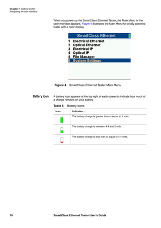 Chapter 1 Getting Started
Navigating the user interface
10 SmartClass Ethernet Tester User’s Guide
When you power up the SmartClass Ethernet Tester, the Main Menu of the
user interface appears. Figure 4 illustrates the Main Menu for a fully optioned
tester with a color display.
Battery icon A battery icon appears at the top right of each screen to indicate how much of
a charge remains on your battery.
Figure 4 SmartClass Ethernet Tester Main Menu
Table 5 Battery icons
Icon Indicates ...
The battery charge is greater than or equal to 5 volts.
The battery charge is between 4.4 and 5 volts.
The battery charge is less than or equal to 4.4 volts.
 