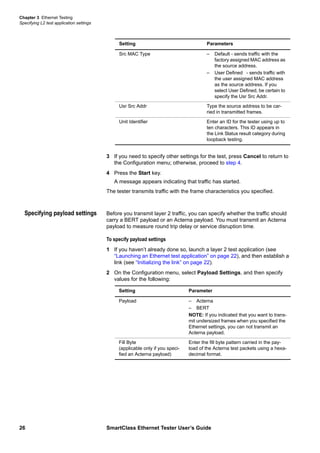 Chapter 3 Ethernet Testing
Specifying L2 test application settings
26 SmartClass Ethernet Tester User’s Guide
3 If you need to specify other settings for the test, press Cancel to return to
the Configuration menu; otherwise, proceed to step 4.
4 Press the Start key.
A message appears indicating that traffic has started.
The tester transmits traffic with the frame characteristics you specified.
Specifying payload settings Before you transmit layer 2 traffic, you can specify whether the traffic should
carry a BERT payload or an Acterna payload. You must transmit an Acterna
payload to measure round trip delay or service disruption time.
To specify payload settings
1 If you haven’t already done so, launch a layer 2 test application (see
“Launching an Ethernet test application” on page 22), and then establish a
link (see “Initializing the link” on page 22).
2 On the Configuration menu, select Payload Settings, and then specify
values for the following:
Src MAC Type – Default - sends traffic with the
factory assigned MAC address as
the source address.
– User Defined - sends traffic with
the user assigned MAC address
as the source address. If you
select User Defined, be certain to
specify the Usr Src Addr.
Usr Src Addr Type the source address to be car-
ried in transmitted frames.
Unit Identifier Enter an ID for the tester using up to
ten characters. This ID appears in
the Link Status result category during
loopback testing.
Setting Parameters
Setting Parameter
Payload – Acterna
– BERT
NOTE: If you indicated that you want to trans-
mit undersized frames when you specified the
Ethernet settings, you can not transmit an
Acterna payload.
Fill Byte
(applicable only if you speci-
fied an Acterna payload)
Enter the fill byte pattern carried in the pay-
load of the Acterna test packets using a hexa-
decimal format.
 