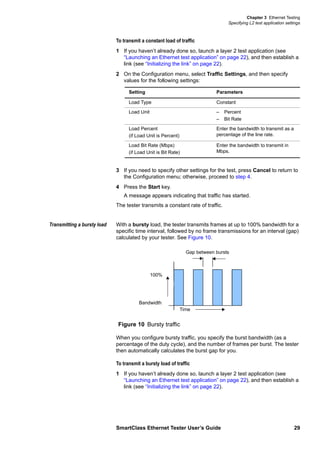 Chapter 3 Ethernet Testing
Specifying L2 test application settings
SmartClass Ethernet Tester User’s Guide 29
To transmit a constant load of traffic
1 If you haven’t already done so, launch a layer 2 test application (see
“Launching an Ethernet test application” on page 22), and then establish a
link (see “Initializing the link” on page 22).
2 On the Configuration menu, select Traffic Settings, and then specify
values for the following settings:
3 If you need to specify other settings for the test, press Cancel to return to
the Configuration menu; otherwise, proceed to step 4.
4 Press the Start key.
A message appears indicating that traffic has started.
The tester transmits a constant rate of traffic.
Transmitting a bursty load With a bursty load, the tester transmits frames at up to 100% bandwidth for a
specific time interval, followed by no frame transmissions for an interval (gap)
calculated by your tester. See Figure 10.
When you configure bursty traffic, you specify the burst bandwidth (as a
percentage of the duty cycle), and the number of frames per burst. The tester
then automatically calculates the burst gap for you.
To transmit a bursty load of traffic
1 If you haven’t already done so, launch a layer 2 test application (see
“Launching an Ethernet test application” on page 22), and then establish a
link (see “Initializing the link” on page 22).
Setting Parameters
Load Type Constant
Load Unit – Percent
– Bit Rate
Load Percent
(if Load Unit is Percent)
Enter the bandwidth to transmit as a
percentage of the line rate.
Load Bit Rate (Mbps)
(if Load Unit is Bit Rate)
Enter the bandwidth to transmit in
Mbps.
Figure 10 Bursty traffic
Time
Gap between bursts
Bandwidth
100%
 