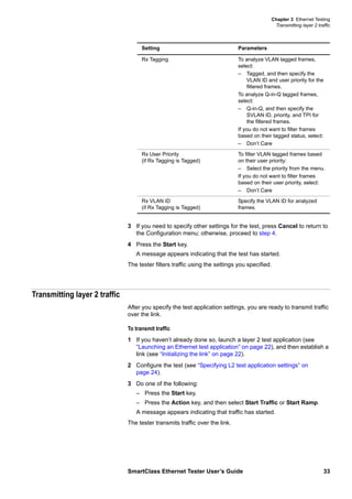 Chapter 3 Ethernet Testing
Transmitting layer 2 traffic
SmartClass Ethernet Tester User’s Guide 33
3 If you need to specify other settings for the test, press Cancel to return to
the Configuration menu; otherwise, proceed to step 4.
4 Press the Start key.
A message appears indicating that the test has started.
The tester filters traffic using the settings you specified.
Transmitting layer 2 traffic
After you specify the test application settings, you are ready to transmit traffic
over the link.
To transmit traffic
1 If you haven’t already done so, launch a layer 2 test application (see
“Launching an Ethernet test application” on page 22), and then establish a
link (see “Initializing the link” on page 22).
2 Configure the test (see “Specifying L2 test application settings” on
page 24).
3 Do one of the following:
– Press the Start key.
– Press the Action key, and then select Start Traffic or Start Ramp.
A message appears indicating that traffic has started.
The tester transmits traffic over the link.
Rx Tagging To analyze VLAN tagged frames,
select:
– Tagged, and then specify the
VLAN ID and user priority for the
filtered frames.
To analyze Q-in-Q tagged frames,
select:
– Q-in-Q, and then specify the
SVLAN ID, priority, and TPI for
the filtered frames.
If you do not want to filter frames
based on their tagged status, select:
– Don’t Care
Rx User Priority
(if Rx Tagging is Tagged)
To filter VLAN tagged frames based
on their user priority:
– Select the priority from the menu.
If you do not want to filter frames
based on their user priority, select:
– Don’t Care
Rx VLAN ID
(if Rx Tagging is Tagged)
Specify the VLAN ID for analyzed
frames.
Setting Parameters
 
