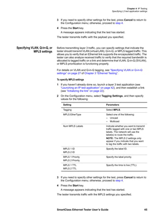Chapter 4 IP Testing
Specifying L3 test application settings
SmartClass Ethernet Tester User’s Guide 45
3 If you need to specify other settings for the test, press Cancel to return to
the Configuration menu; otherwise, proceed to step 4.
4 Press the Start key.
A message appears indicating that the test has started.
The tester transmits traffic with the payload you specified.
Specifying VLAN, Q-in-Q, or
MPLS settings
Before transmitting layer 3 traffic, you can specify settings that indicate the
tester should transmit VLAN (virtual LAN), Q-in-Q, or MPLS tagged traffic. This
allows you to verify that an Ethernet link supports the encapsulated traffic. The
tester can also analyze received traffic to verify that the required bandwidth is
allocated to tagged traffic on a link and determine that VLAN, Q-in-Q (SVLAN),
or MPLS prioritization is functioning properly.
For details on VLAN and Q-in-Q tagging, see “Specifying VLAN or Q-in-Q
settings” on page 27 of Chapter 3 “Ethernet Testing”.
To specify MPLS settings
1 If you haven’t already done so, launch a layer 3 test application (see
“Launching an IP test application” on page 42), and then establish a link
(see “Initializing the link” on page 22).
2 On the Configuration menu, select Tagging Settings, and then specify
values for the following:
3 If you need to specify other settings for the test, press Cancel to return to
the Configuration menu; otherwise, proceed to step 4.
4 Press the Start key.
A message appears indicating that the test has started.
The tester transmits traffic with the MPLS settings you specified.
Setting Parameters
Tagging Select MPLS.
MPLS EtherType Select one of the following:
– Unicast
– Multicast
Num MPLS Labels Indicate whether you want to transmit
traffic tagged with one or two MPLS
labels. The network will use the
label(s) to route the traffic.
NOTE: The MPLS 2 settings only
appear if you indicate that you want
to tag the traffic with two labels.
MPLS 1 ID
MPLS 2 ID
Specify the label ID.
MPLS 1 Priority
MPLS 2 Priority
Specify the label priority.
MPLS 1 TTL
MPLS 2 TTL
Specify the time to live (TTL).
 