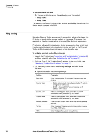 Chapter 4 IP Testing
Ping testing
52 SmartClass Ethernet Tester User’s Guide
To loop down the far end tester
– On the near end tester, press the Action key, and then select:
– Stop Traffic
– Loop Down
The tester on the far end is looped down, and the remote loop status in the Link
Status results changes to DOWN.
Ping testing
Using the Ethernet Tester, you can verify connectivity with another Layer 3 or
IP device by sending ping request packets to the device. The device then
responds to the ping request with a ping reply (if the device is responsive).
Ping testing tells you if the destination device is responsive, how long it took
the ping packet to travel to the destination device and back to the Ethernet
Tester, and if ping packets were dropped or lost along the way.
To send ping packets to another Ethernet device
1 Launch the Ping test (see “Launching an IP test application” on page 42),
and then establish a link (see “Initializing the link” on page 22).
2 Optional. Specify the VLAN or Q-in-Q settings for the ping traffic (see
“Specifying VLAN or Q-in-Q settings” on page 27).
3 On the Configuration menu, select Ping Settings, and then do the
following:
a Specify values for the following settings:
Setting Parameter
Dest Addr Enter the destination IP address of the device you are
pinging.
Source Type – Static - allows you to manually specify the IP, subnet,
and gateway addresses.
– DHCP - allows a DHCP server to assign an IP
address to the tester.
Source Addr If the source IP type is Static, enter the source IP
address for traffic generated by your tester.
Subnet Mask If the source IP type is Static, enter the subnet mask
address for traffic generated by your tester.
Default Gateway If the source IP type is Static, enter the default gateway
address.
Tx Size Enter the size of the ping packet(s) transmitted, ranging
from 46 to 1500 bytes.
TOS Enter the type of service in binary format.
 