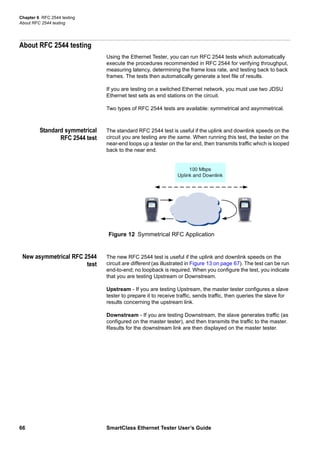 Chapter 6 RFC 2544 testing
About RFC 2544 testing
66 SmartClass Ethernet Tester User’s Guide
About RFC 2544 testing
Using the Ethernet Tester, you can run RFC 2544 tests which automatically
execute the procedures recommended in RFC 2544 for verifying throughput,
measuring latency, determining the frame loss rate, and testing back to back
frames. The tests then automatically generate a text file of results.
If you are testing on a switched Ethernet network, you must use two JDSU
Ethernet test sets as end stations on the circuit.
Two types of RFC 2544 tests are available: symmetrical and asymmetrical.
Standard symmetrical
RFC 2544 test
The standard RFC 2544 test is useful if the uplink and downlink speeds on the
circuit you are testing are the same. When running this test, the tester on the
near-end loops up a tester on the far end, then transmits traffic which is looped
back to the near end.
New asymmetrical RFC 2544
test
The new RFC 2544 test is useful if the uplink and downlink speeds on the
circuit are different (as illustrated in Figure 13 on page 67). The test can be run
end-to-end; no loopback is required. When you configure the test, you indicate
that you are testing Upstream or Downstream.
Upstream - If you are testing Upstream, the master tester configures a slave
tester to prepare it to receive traffic, sends traffic, then queries the slave for
results concerning the upstream link.
Downstream - If you are testing Downstream, the slave generates traffic (as
configured on the master tester), and then transmits the traffic to the master.
Results for the downstream link are then displayed on the master tester.
Figure 12 Symmetrical RFC Application
 