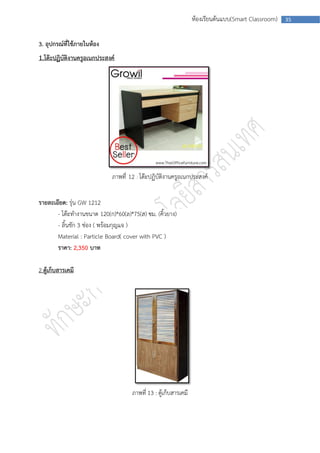 ห้องเรียนต้นแบบ(Smart Classroom)   35



3. อุปกรณ์ที่ใช้ภายในห้อง
1.โต๊ะปฏิบัติงานครูอเนกประสงค์




                             ภาพที่ 12 : โต๊ะปฏิบัติงานครูอเนกประสงค์


รายละเอียด: รุ่น GW 1212
       - โต๊ะทางานขนาด 120(ก)*60(ล)*75(ส) ซม. (คิ้วยาง)
       - ลิ้นชัก 3 ช่อง ( พร้อมกุญแจ )
       Material : Particle Board( cover with PVC )
       ราคา: 2,350 บาท

2.ตู้เก็บสารเคมี




                                     ภาพที่ 13 : ตู้เก็บสารเคมี
 