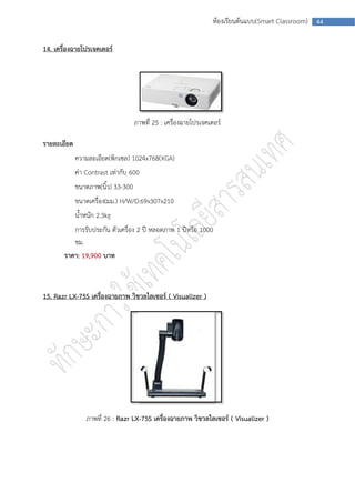 ห้องเรียนต้นแบบ(Smart Classroom)   44



14. เครื่องฉายโปรเจคเตอร์




                                    ภาพที่ 25 : เครื่องฉายโปรเจคเตอร์

รายละเอียด
             ความละเอียด(พิกเซล) 1024x768(XGA)
             ค่า Contrast เท่ากับ 600
             ขนาดภาพ(นิ้ว) 33-300
             ขนาดเครื่อง(มม.) H/W/D:69x307x210
             น้าหนัก 2.3kg
          การรับประกัน ตัวเครื่อง 2 ปี หลอดภาพ 1 ปีหรือ 1000
          ชม.
       ราคา: 19,900 บาท



15. Razr LX-75S เครื่องฉายภาพ วิชวลไลเซอร์ ( Visualizer )




                ภาพที่ 26 : Razr LX-75S เครื่องฉายภาพ วิชวลไลเซอร์ ( Visualizer )
 