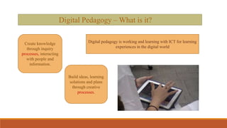 Digital Pedagogy – What is it?
Create knowledge
through inquiry
processes, interacting
with people and
information.
Build ideas, learning
solutions and plans
through creative
processes.
Digital pedagogy is working and learning with ICT for learning
experiences in the digital world
 