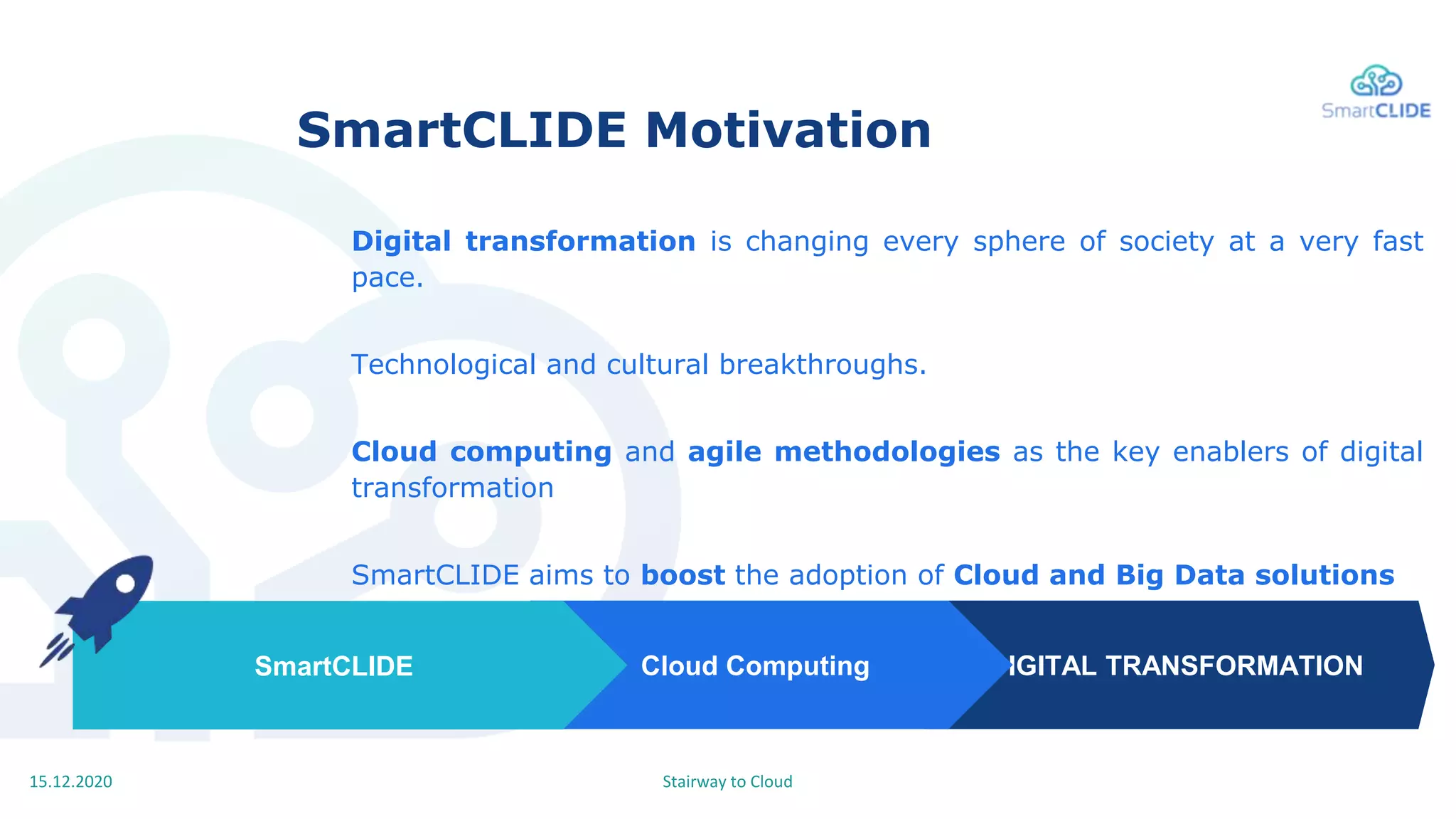 Stairway to Cloud15.12.2020
SmartCLIDE Motivation
Digital transformation is changing every sphere of society at a very fast
pace.
Technological and cultural breakthroughs.
Cloud computing and agile methodologies as the key enablers of digital
transformation
SmartCLIDE aims to boost the adoption of Cloud and Big Data solutions
DIGITAL TRANSFORMATIONCloud ComputingSmartCLIDE
 