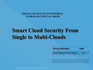 RRASE COLLEGE OF ENGINEERING
          TAMBARAM, CHENNAI -601301




                                                    Group Member                 Year
                                                    Abdul Rasheed Feroz Khan.J       03




Smart Cloud Security: From Single to Multi-Clouds                                1
 