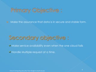     Make the assurance that data is in secure and stable form.




    Secondary objective :
      Make service availability even when the one cloud fails

      Handle Multiple request at a time.




                                                            9
    Cloud Computing Security: From Single to Multi-clouds
 