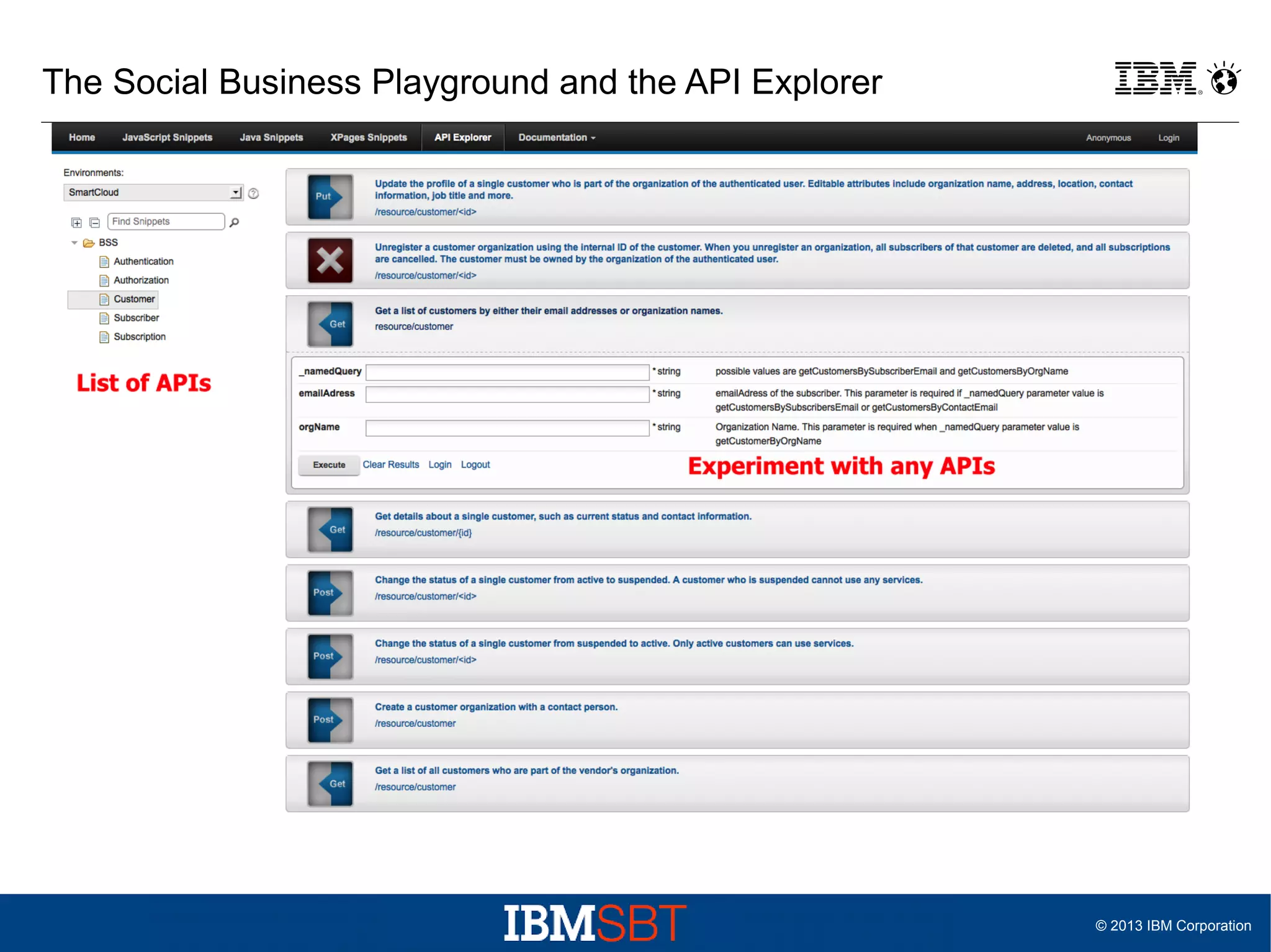The Social Business Playground and the API Explorer

© 2013 IBM Corporation

 