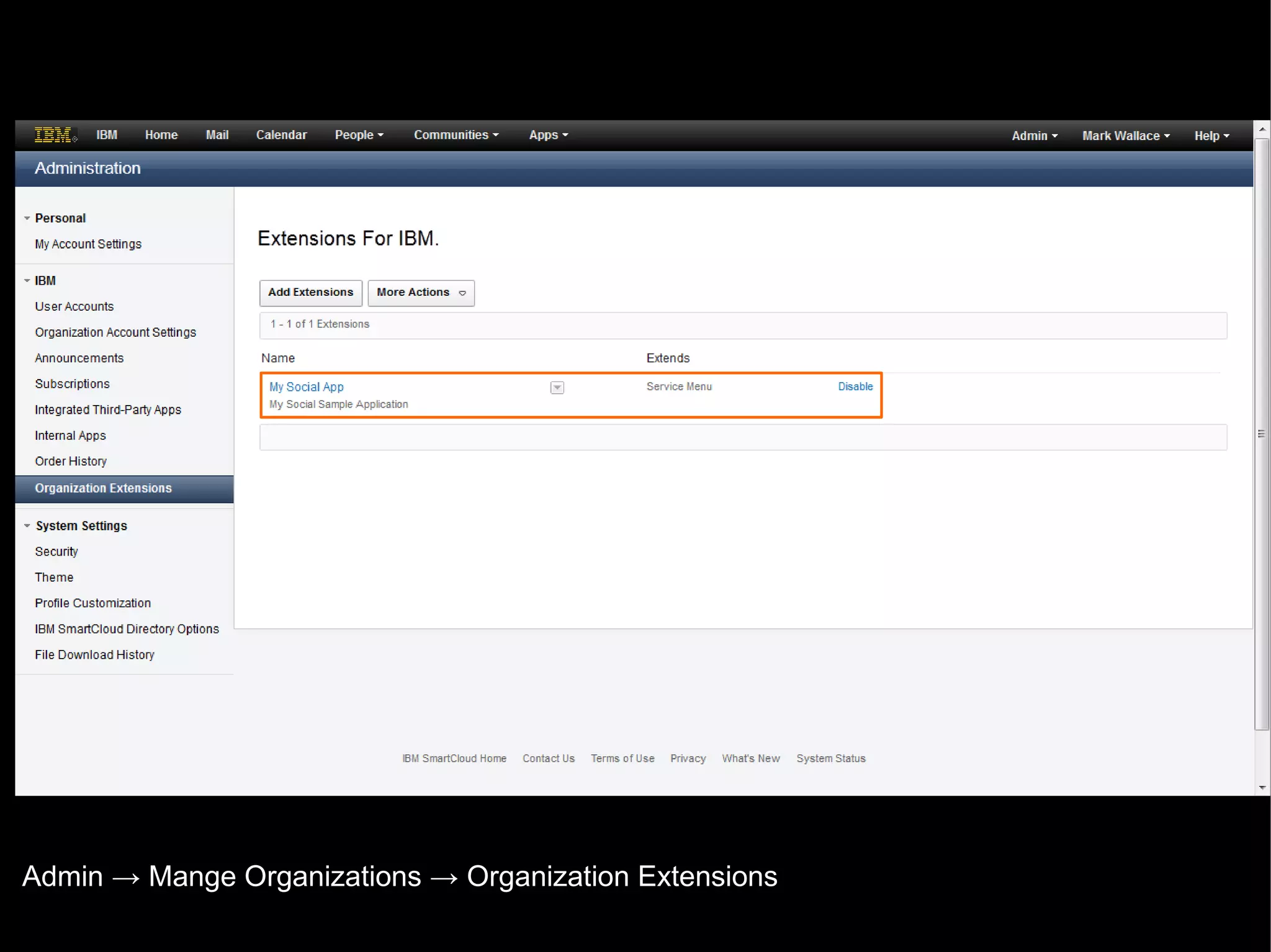 Admin → Mange Organizations → Organization Extensions
© 2013 IBM Corporation

 
