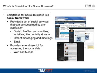 What's is Smartcloud for Social Business?
●

Smartcloud for Social Business is a
social framework
●
Provides a set of social services
that can be consumed by any
application
●
Social: Profiles, communities,
activities, files, activity streams...
●
Instant messaging and meetings
●
Email
●
Provides an end user UI for
accessing the social data
●
Web and Mobile

© 2013 IBM Corporation

 