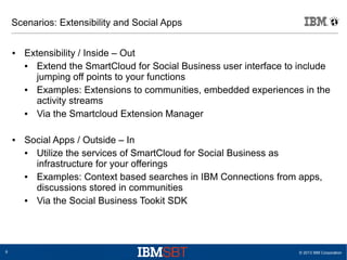 Scenarios: Extensibility and Social Apps
●

●

6

Extensibility / Inside – Out
●
Extend the SmartCloud for Social Business user interface to include
jumping off points to your functions
●
Examples: Extensions to communities, embedded experiences in the
activity streams
●
Via the Smartcloud Extension Manager
Social Apps / Outside – In
●
Utilize the services of SmartCloud for Social Business as
infrastructure for your offerings
●
Examples: Context based searches in IBM Connections from apps,
discussions stored in communities
●
Via the Social Business Tookit SDK

© 2013 IBM Corporation

 