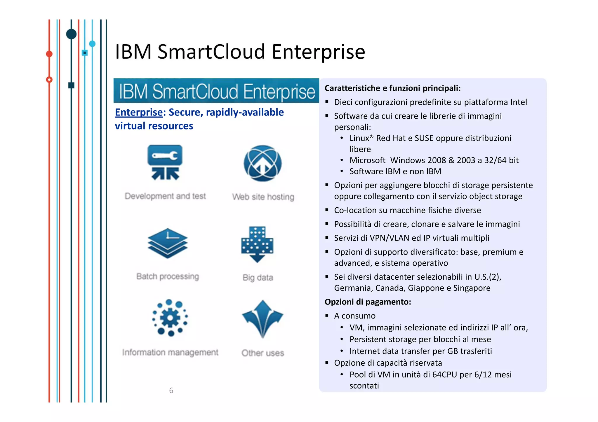 IBM SmartCloud Enterprise
                                        Caratteristiche e funzioni principali:
                                          Dieci configurazioni predefinite su piattaforma Intel
Enterprise: Secure, rapidly-available     Software da cui creare le librerie di immagini
virtual resources                         personali:
                                           • Linux® Red Hat e SUSE oppure distribuzioni
                                              libere
                                           • Microsoft Windows 2008 & 2003 a 32/64 bit
                                           • Software IBM e non IBM
                                          Opzioni per aggiungere blocchi di storage persistente
                                          oppure collegamento con il servizio object storage
                                          Co-location su macchine fisiche diverse
                                          Possibilità di creare, clonare e salvare le immagini
                                          Servizi di VPN/VLAN ed IP virtuali multipli
                                          Opzioni di supporto diversificato: base, premium e
                                          advanced, e sistema operativo
                                          Sei diversi datacenter selezionabili in U.S.(2),
                                          Germania, Canada, Giappone e Singapore
                                        Opzioni di pagamento:
                                          A consumo
                                           • VM, immagini selezionate ed indirizzi IP all’ ora,
                                           • Persistent storage per blocchi al mese
                                           • Internet data transfer per GB trasferiti
                                          Opzione di capacità riservata
                                           • Pool di VM in unità di 64CPU per 6/12 mesi
           6
                                              scontati
 