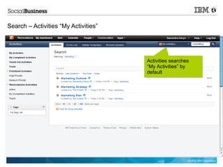 Search – Activities “My Activities”




                                      Activities searches
                                      “My Activities” by
                                      default




                                                        © 2012 IBM Corporation
 