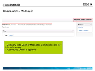 Communities - Moderated




 ● Company-wide Open or Moderated Communities are for
 internal use only.
 ● Community Owner is approver




                                                        © 2012 IBM Corporation
 