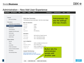 Administration – New Add User Experience


                                               Administrator can
                                               see the settings
                                               she has chosen.




                                     Button lets the
                                     administrator
                                     quickly add
                                     another user

                                                                   © 2012 IBM Corporation
 