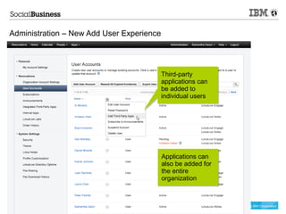 Administration – New Add User Experience




                                           Third-party
                                           applications can
                                           be added to
                                           individual users




                                           Applications can
                                           also be added for
                                           the entire
                                           organization



                                                               © 2012 IBM Corporation
 