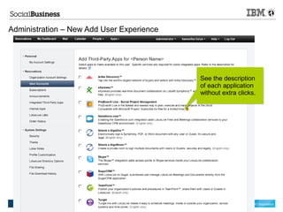 Administration – New Add User Experience




                                           See the description
                                           of each application
                                           without extra clicks.




                                                         © 2012 IBM Corporation
 