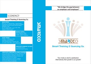 “Our motto is client’s satisfaction.
Alternatively their growth is our growth”
“We bridge the gap between
an employer and employee”
“Our motto is client’s satisfaction.
Alternatively their growth is our growth”
Smart Training & Sourcing Co.
S OMA TCR
CONTACT
Smart Training & Sourcing Co.
SMARTCO
HEAD OFFICE
Sundardas Compound, Opp. Wekhord Hospital,
Agripada, Mumbai Central, Mumbai-400011
Marashtra, India
Tel: +91 22 230 19957 / +91 22 230 19956
Email: info@smartco.net.in
Website: smartco.net.in
Block No. 219, Second Floor, Topaz Society,
BRANCH OFFICE
DELHI, Rajasthan, Bihar,
Punjab, Chennai, Tirchi,
Cochin, Calicut, Bangalore
ASSOCIATE COMPANY IN INDIA
Four Brothers Group
(Manufacturing & Trading)
ASSOCIATE COMPANIES IN OTHER COUNTRIES
Undus International Way Company, Dammam. KSA
Khalifa Bin Suleman Trading Co, Muscat, Oman
Undulus International Rcruitment, Sharjah. UAE
Rays Recruitment Pvt Ltd. Nepal
Undulus International Company, Pakistan
Interlink Management Services, Sri Lanka
The Asmacs Group, Bangladesh
SAUDI ARABIA
P.O.Box............Al-Khobar 31952
Abdullah Fouad Building,
King Abdulaziz Road, Al-Khobar, KSA
Tel: +966 13 897 9550 / +966 13 893 2151
SAUDI ARABIA
P.O.Box............Al-Khobar 31952
Abdullah Fouad Building,
King Abdulaziz Road, Al-Khobar, KSA
Tel: +966 13 897 9550 / +966 13 893 2151
 