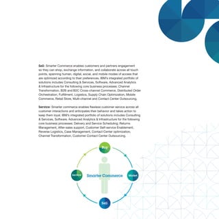 Sell: Smarter Commerce enables customers and partners engagement
so they can shop, exchange information, and collaborate across all touch
points, spanning human, digital, social, and mobile modes of access that
are optimized according to their preferences. IBM’s integrated portfolio of
solutions includes Consulting & Services, Software, Advanced Analytics
& Infrastructure for the following core business processes: Channel
Transformation, B2B and B2C Cross-channel Commerce, Distributed Order
Orchestration, Fulfillment, Logistics, Supply Chain Optimization, Mobile
Commerce, Retail Store, Multi-channel and Contact Center Outsourcing.

Service: Smarter commerce enables flawless customer service across all
customer interactions and anticipates their behavior and takes action to
keep them loyal. IBM’s integrated portfolio of solutions includes Consulting
& Services, Software, Advanced Analytics & Infrastructure for the following
core business processes: Delivery and Service Scheduling; Returns
Management, After-sales support, Customer Self-service Enablement,
Reverse Logistics, Case Management, Contact Center optimization,
Channel Transformation, Customer Contact Center Outsourcing.


                                               Buy




                          A
                         Service    Smarter Commerce               Market




                                               Sell
 