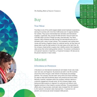 The Building Blocks of Smarter Commerce




Buy
True Value

True Value is one of the world’s largest retailer-owned hardware cooperatives,
serving 54 countries with more than 5,000 stores and 12 regional distribu-
tion centers. They source merchandise from domestic and international
suppliers. Logistically, they process 64,000 domestic inbound loads and
over 600 million pounds of freight annually. Internationally, True Value
imports 3,500 containers annually through 30 international ports and 10
domestic ports, using 5 ocean carriers. This complexity was costing them
money and having a negative impact on customer service, as they were not
always able to get the right product to the right place at the right time. So
the company implemented a supply-chain visibility solution that integrated
data across their entire trading partner network. The solution contributed to
a 57 percent reduction in lead time, a 10 percent increase in fill rate and an
85 percent reduction in back orders.




Market
L’Occitane en Provence

L’Occitane is an international manufacturer and retailer of skin care, body
care, hair care, and fragrance. Its products are sold in over 85 countries
around the world, through a wide network of boutiques and strategic
partners. The company has also been using online and email marketing
for years to help build excitement about new products and drive orders.
Recently, however, marketers within the company noticed a decline in
customer engagement through email. So the company began using
behavioral Web analytics to segment its customers and deliver more
targeted solutions to them based on product affinities. The personalization
efforts were a huge success: email open rates increased from 26.1 percent
to 43.1 percent; conversion rates improved from .14 percent to 2.43
percent; and revenue per email increased 2,500 percent.
 