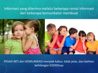 PESAN INTI dari KOMUNIKASI menjadi kabur, tidak jelas, dan bahkan
kehilangan ESENSInya
Informasi yang diterima melalui beberapa rantai informasi
dari beberapa komunikator membuat
 