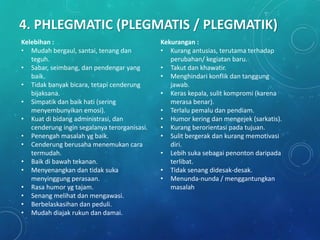 4. PHLEGMATIC (PLEGMATIS / PLEGMATIK)
Kelebihan :
• Mudah bergaul, santai, tenang dan
teguh.
• Sabar, seimbang, dan pendengar yang
baik.
• Tidak banyak bicara, tetapi cenderung
bijaksana.
• Simpatik dan baik hati (sering
menyembunyikan emosi).
• Kuat di bidang administrasi, dan
cenderung ingin segalanya terorganisasi.
• Penengah masalah yg baik.
• Cenderung berusaha menemukan cara
termudah.
• Baik di bawah tekanan.
• Menyenangkan dan tidak suka
menyinggung perasaan.
• Rasa humor yg tajam.
• Senang melihat dan mengawasi.
• Berbelaskasihan dan peduli.
• Mudah diajak rukun dan damai.
Kekurangan :
• Kurang antusias, terutama terhadap
perubahan/ kegiatan baru.
• Takut dan khawatir.
• Menghindari konflik dan tanggung
jawab.
• Keras kepala, sulit kompromi (karena
merasa benar).
• Terlalu pemalu dan pendiam.
• Humor kering dan mengejek (sarkatis).
• Kurang berorientasi pada tujuan.
• Sulit bergerak dan kurang memotivasi
diri.
• Lebih suka sebagai penonton daripada
terlibat.
• Tidak senang didesak-desak.
• Menunda-nunda / menggantungkan
masalah
 