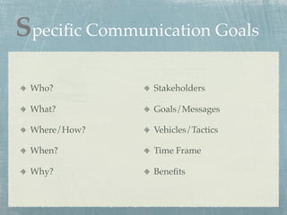 Speciﬁc Communication Goals

 Who?          Stakeholders

 What?         Goals/Messages

 Where/How?    Vehicles/Tactics

...